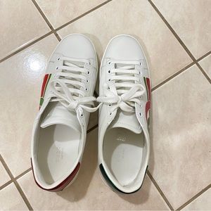 White Leather Low-Top Sneakers with Red & Green Accents